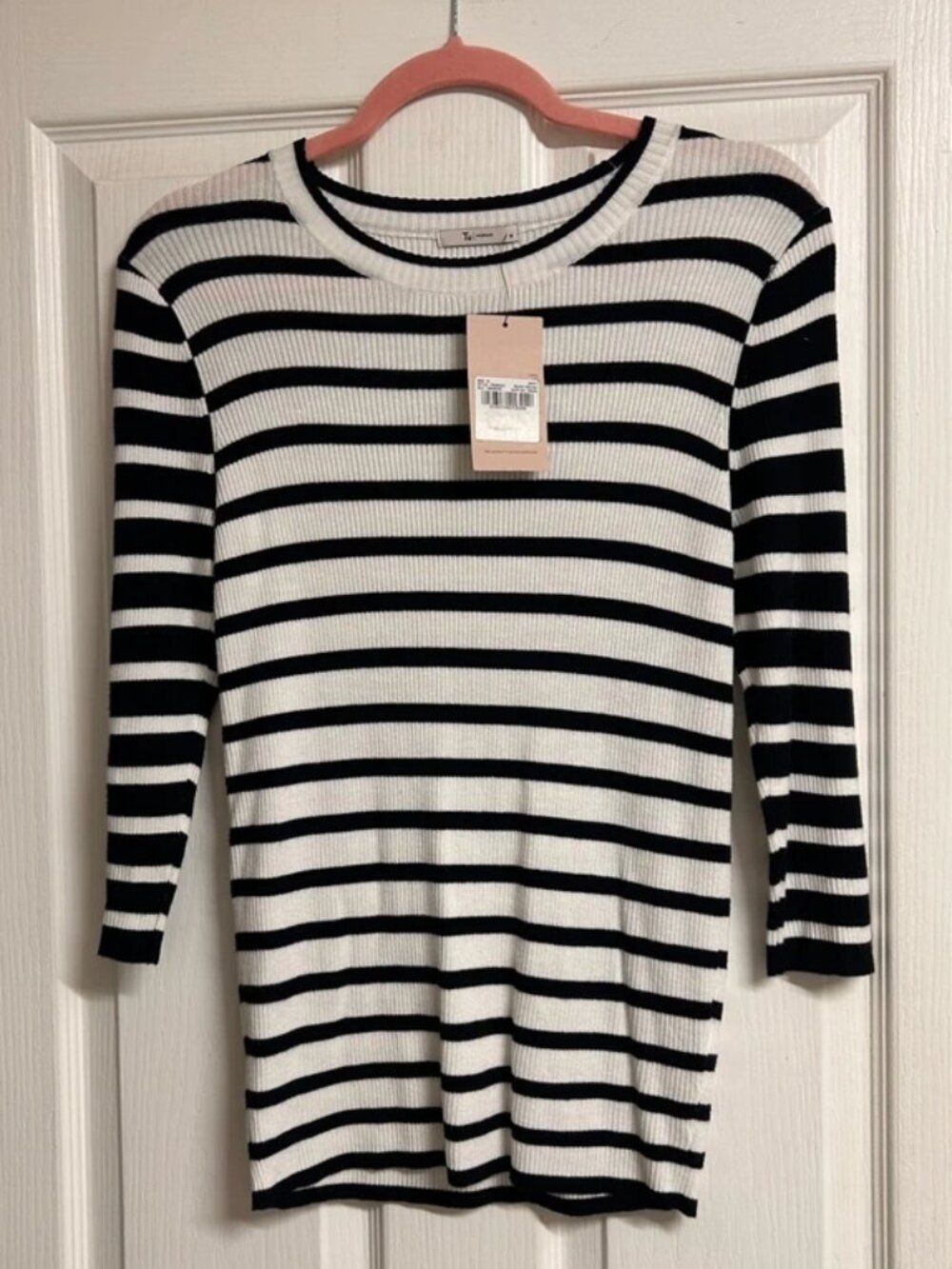 Tu Navy White Stripe Ribbed Knit 3/4 Sleeve Top Women US 12 NWT